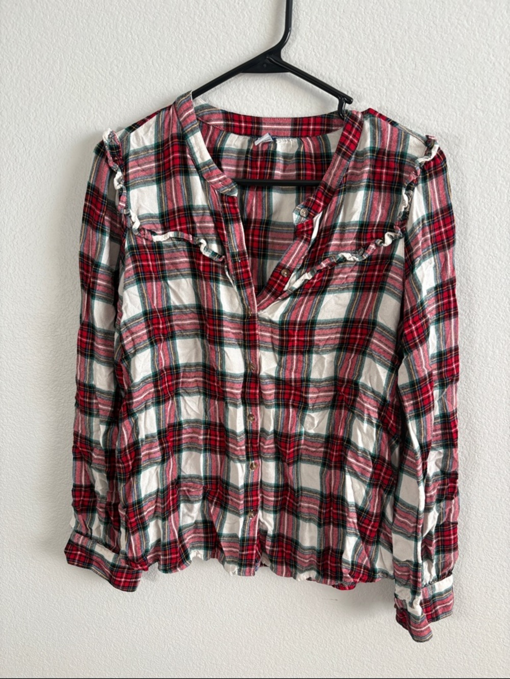Old Navy Red and White Plaid Button-Down Shirt with Ruffle Trim